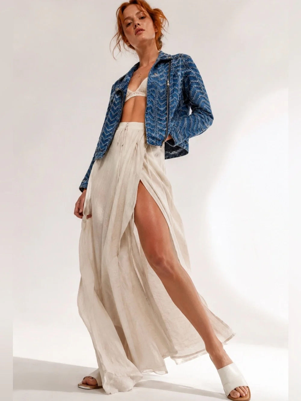 Free People Chevron Textured Denim Moto Jacket XS Rare Vintage